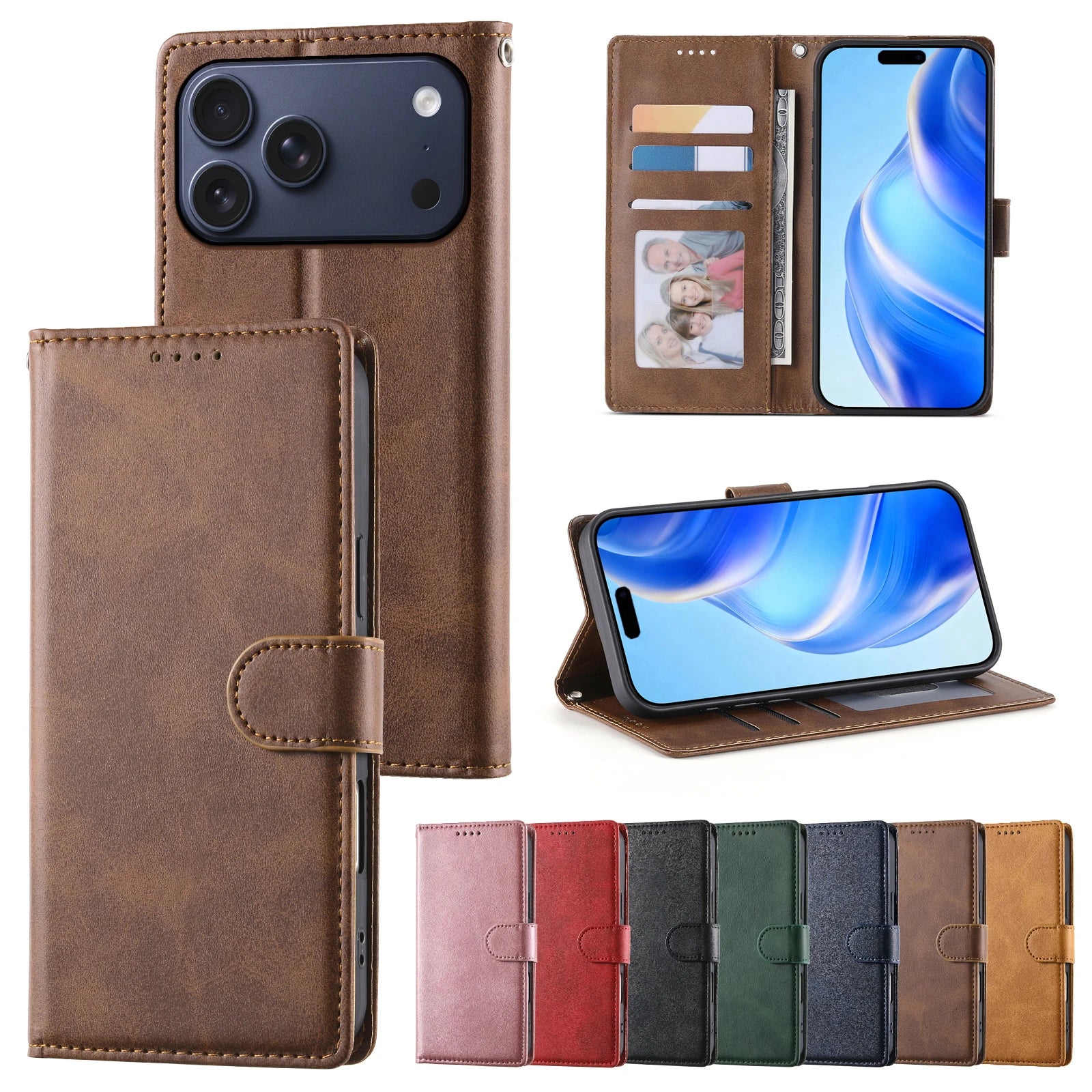Business Leather Flip Case For iPhone 17 16 Pro Max Air 16E 15 14 13 12 11 Pro XS Max XR 8 7 Plus SE Cards Solt Wallet Cover