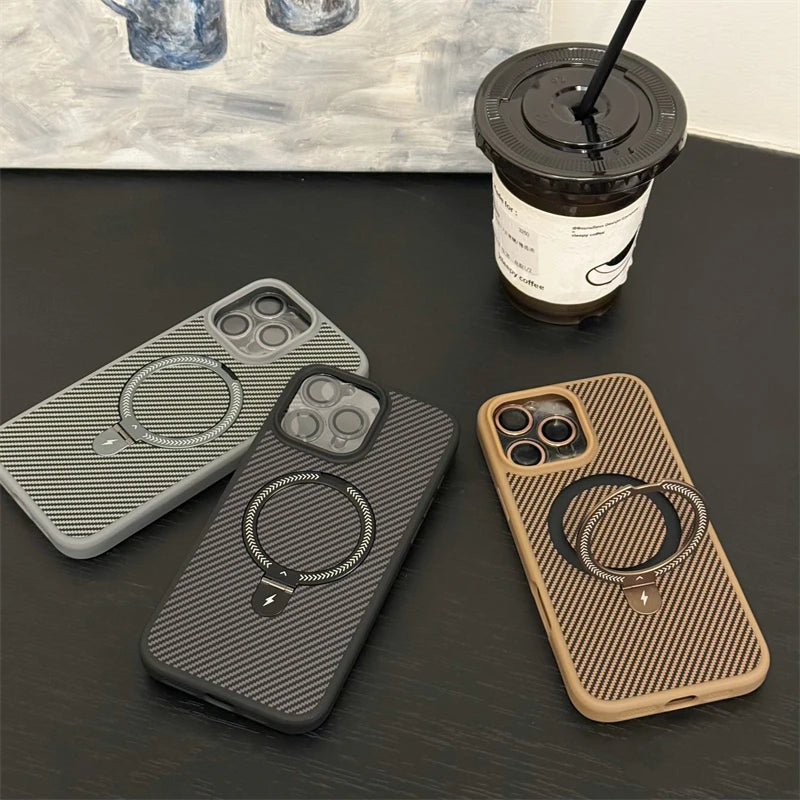 Carbon Fiber Metal Ring Stand Magnetic Case for Magsafe IPhone 15 14 13 12 11 16 Pro Max Plus with Lens Protector Mac Safe Cover