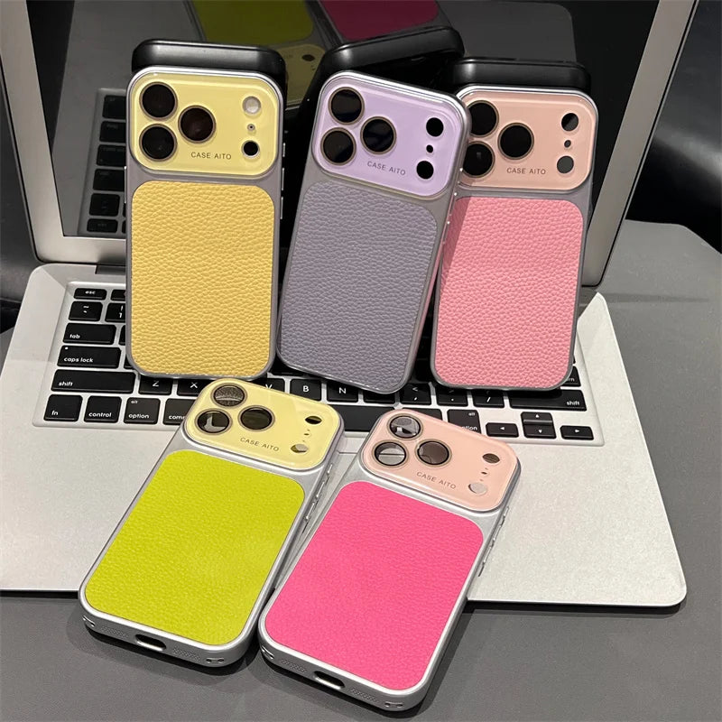 Luxury Lichee Pattern Leather Phone Case For iPhone 17 16 15 14 13 12 Pro Max Hard PC Camera Window Back Cover