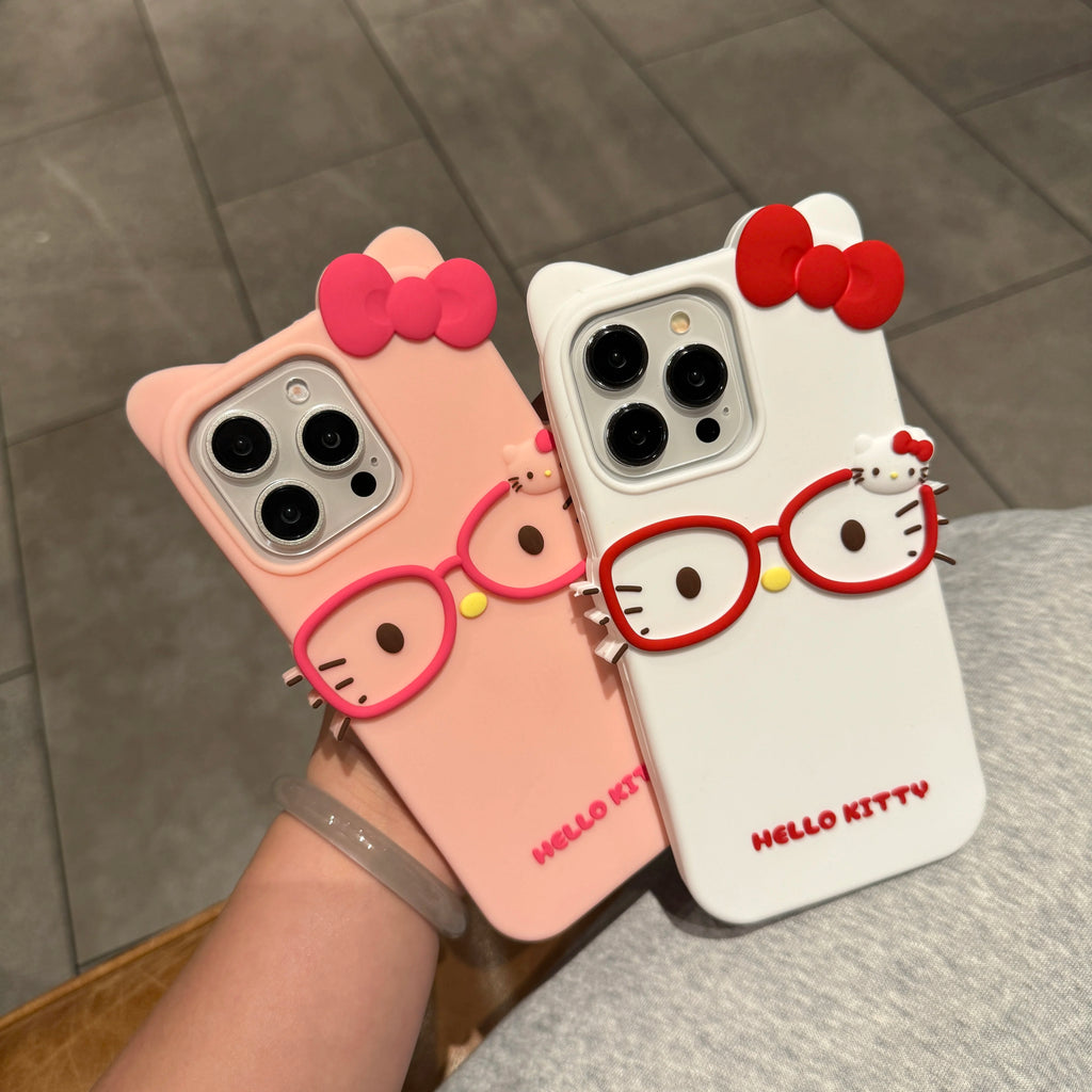 Sanrio 3D Cartoon Glasses Hello Kitty Phone Case For iPhone 17 16 15 14 11 13 12 Pro Max Cute Phone Case Soft Silicone Cover