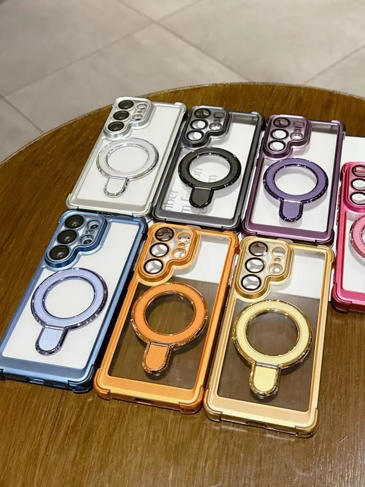 Matte for Magsafe Bracket Case for Samsung Galaxy S26 Ultra S25 Plus S24 FE S23 Plating Holder Stand Camera Film Protector Cover