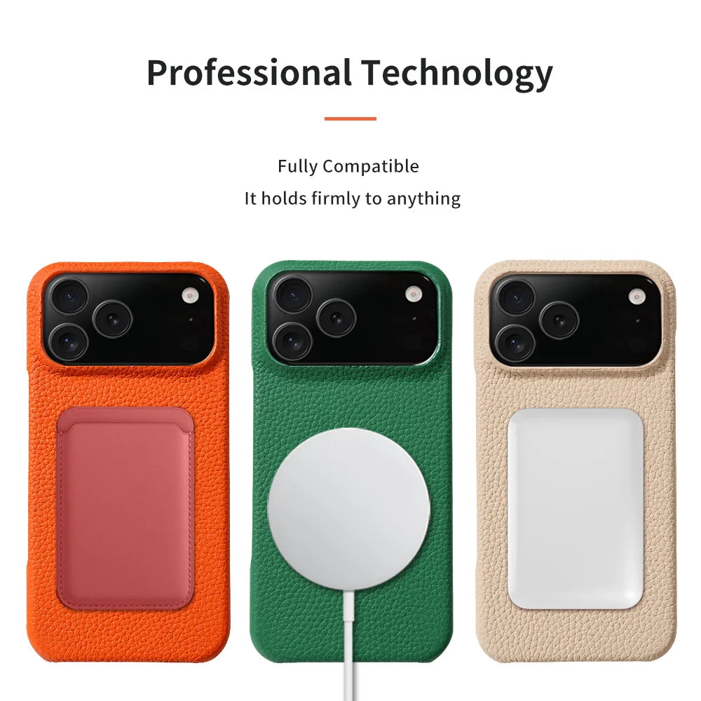 for Magsafe Case for iPhone 17 15 16 Pro Max 17 Air Luxury Lychee Natural Cowhide Leather Magnetic Protector Phone Back Cover