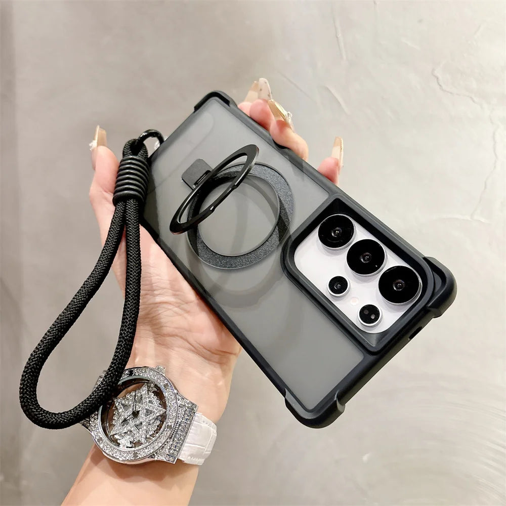 Luxury Lanyard Magnetic Armor Folding Stand Phone Case For Samsung S24 S25 Plus S23 Ultra 5G Shockproof Protective Back Cover