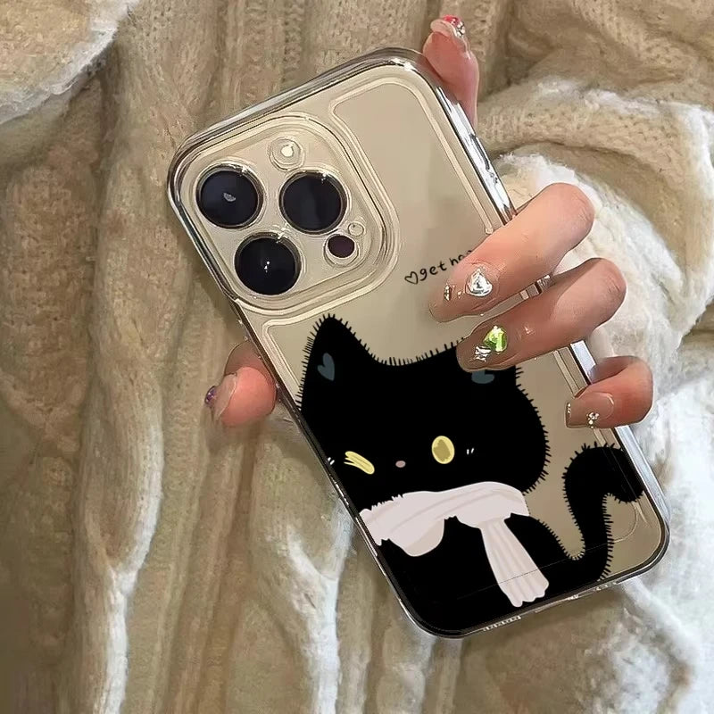 Cartoon Black White Cat Couple Phone Case For iPhone 17 Pro Max 16 15 Pro 14 13 Mini 12 11 17Air 16 Plus Clear Bumper Cover