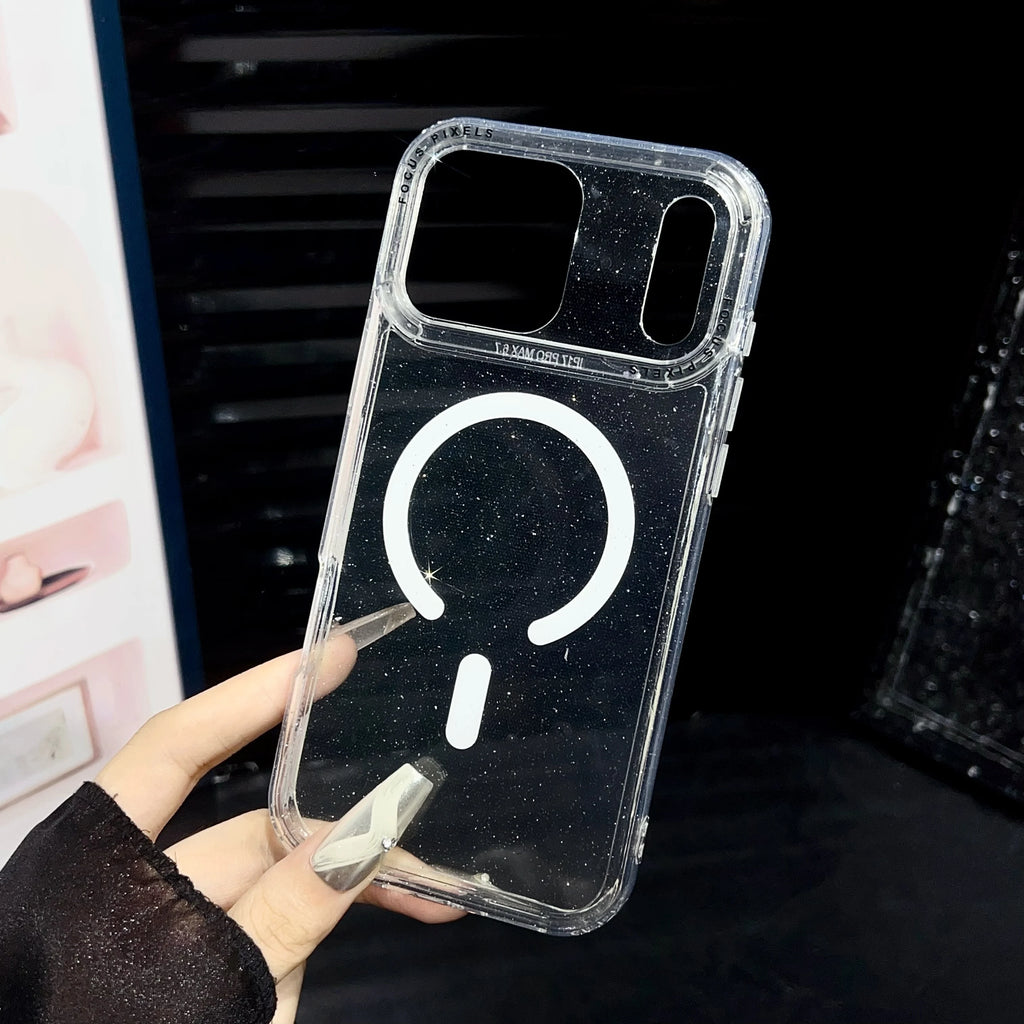 Sparkling Glitter For Magsafe Magnetic Phone Case For iPhone 17 16 15 14 13 Pro Max Clear Hard Acrylic Wireless Charging Cover