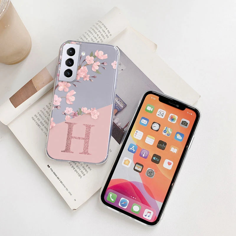For Samsung Galaxy S21 S23 FE Plus Ultra Phone Case Soft Slim Luxury A-Z Letters Back Cover Funda Clear Bumper Transparent Shell