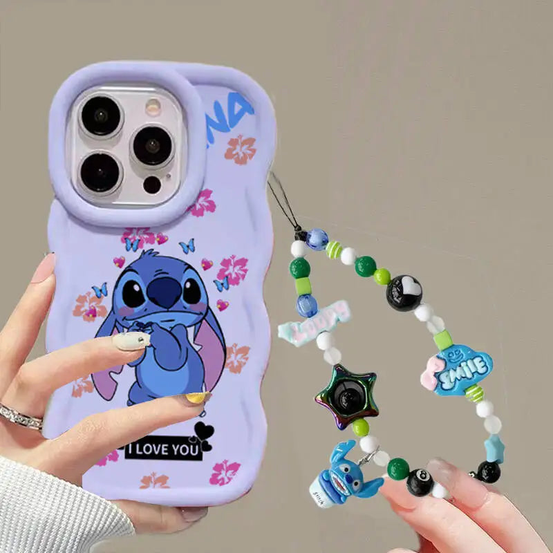 Cute Blue Stitch Chain Phone Case For IPhone 17 Air 16 15 14 13 12 Pro Max Plus 16E Soft Silicone TPU Cover