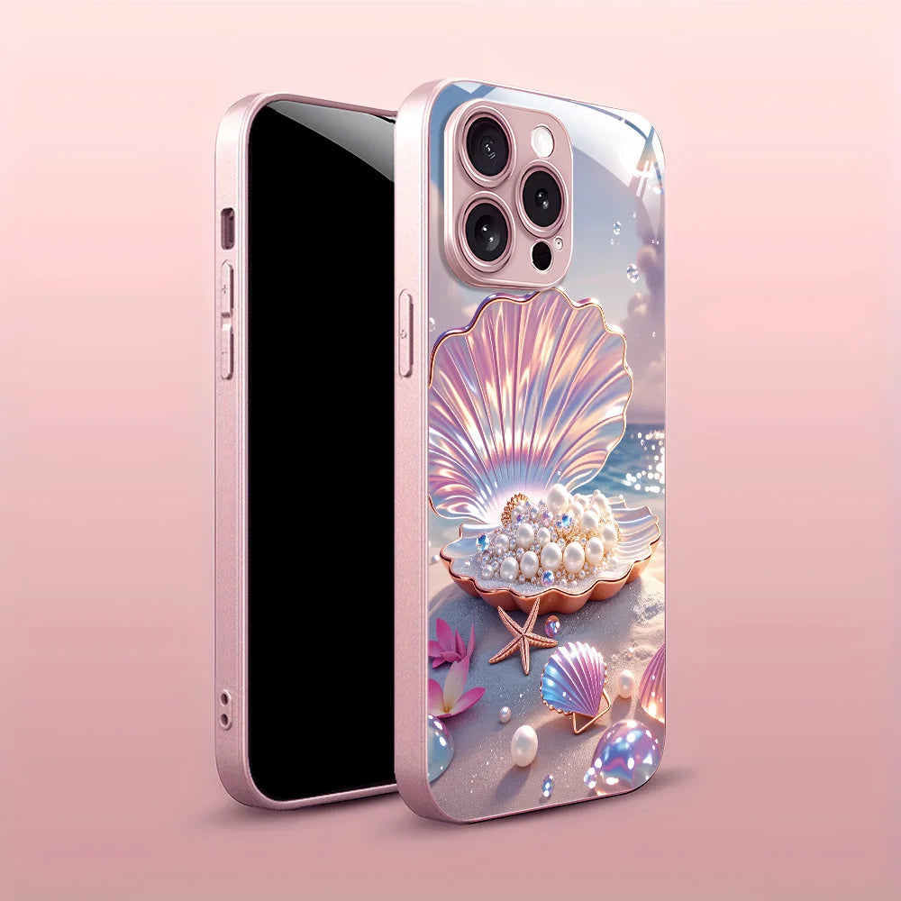 Colored Seashells Tempered Glass Phone Case For iPhone 17 Pro 16 15 17 13 Pro Max 12 11 13 14 Case Cover Shockproof Luxury Pearl