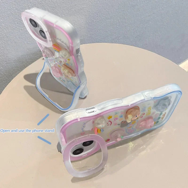 Cartoon 3D Bracket Phone Holder Case For iPhone 16 17 15 14 13 12 11 Pro Max Plus X XS XR Rainbow Love Heart Holder Stand Cover