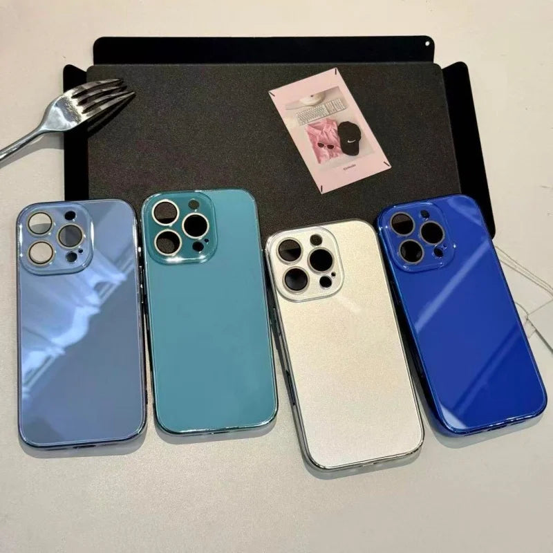 Luxury ice-Tempered Glass Camera Case for iPhone 17 16 15 14 13 12 11 Pro Max Plating Candy Armor Shockproof Glossy Hard Cover