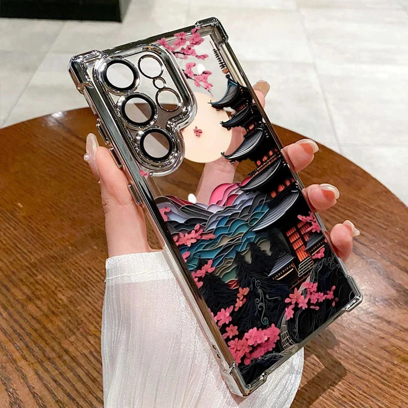 Japanese-Style Ancient House Airbag Phone Case For Samsung Galaxy S25 S24 Ultra S23 S22 Plus S21 FE Clear Soft Cover