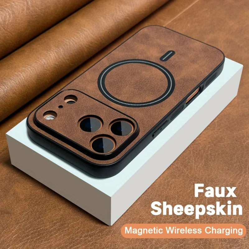 Advanced magnetic wireless charging phone case suitable foriPhone 17、16、15、14、13、12 Pro Max Features a stylish retro faux sheeps
