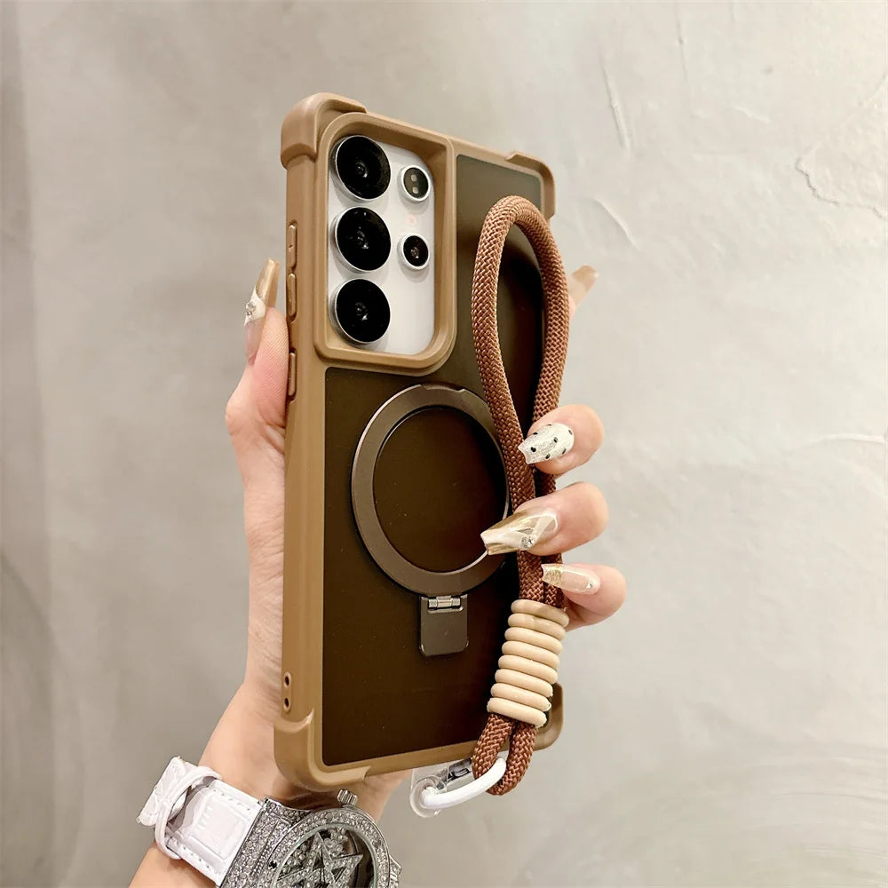 Luxury Lanyard Magnetic Armor Folding Stand Phone Case For Samsung S24 S25 Plus S23 Ultra 5G Shockproof Protective Back Cover