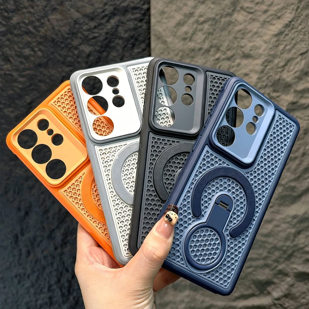 Summer Heat Dissipate 360°Rotatable Bracket Case for Samsung Galaxy S26 S25 Ultra Plus S24 S23 Hollow Cooling Anti-slip Cover