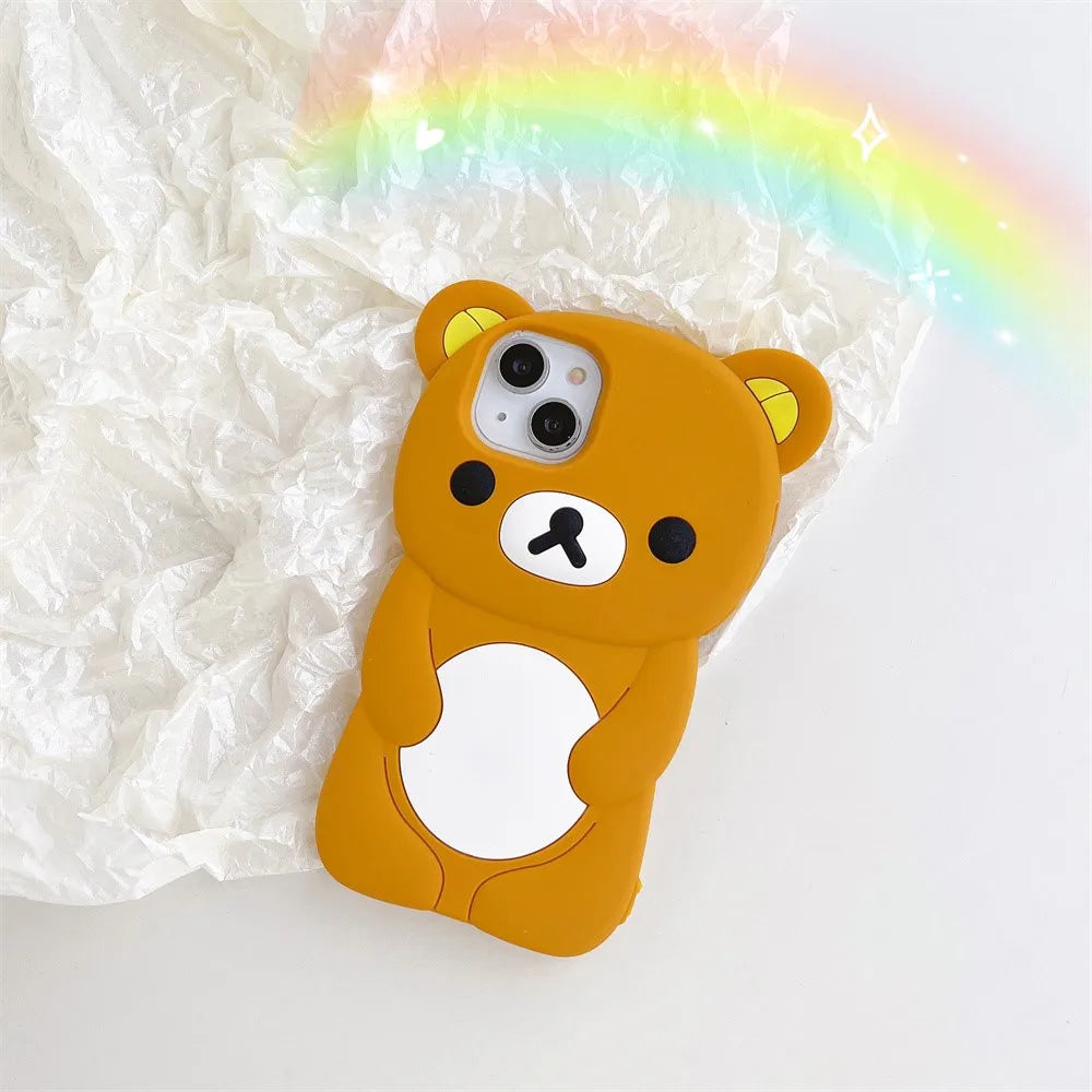 For iPhone 17 16 15 14 13 12 11 Pro Max XR 5 6 7 8 Plus 17promax Cartoon 3D Pink Rabbit Bear Rilakkuma Phone Case Silicone Cover