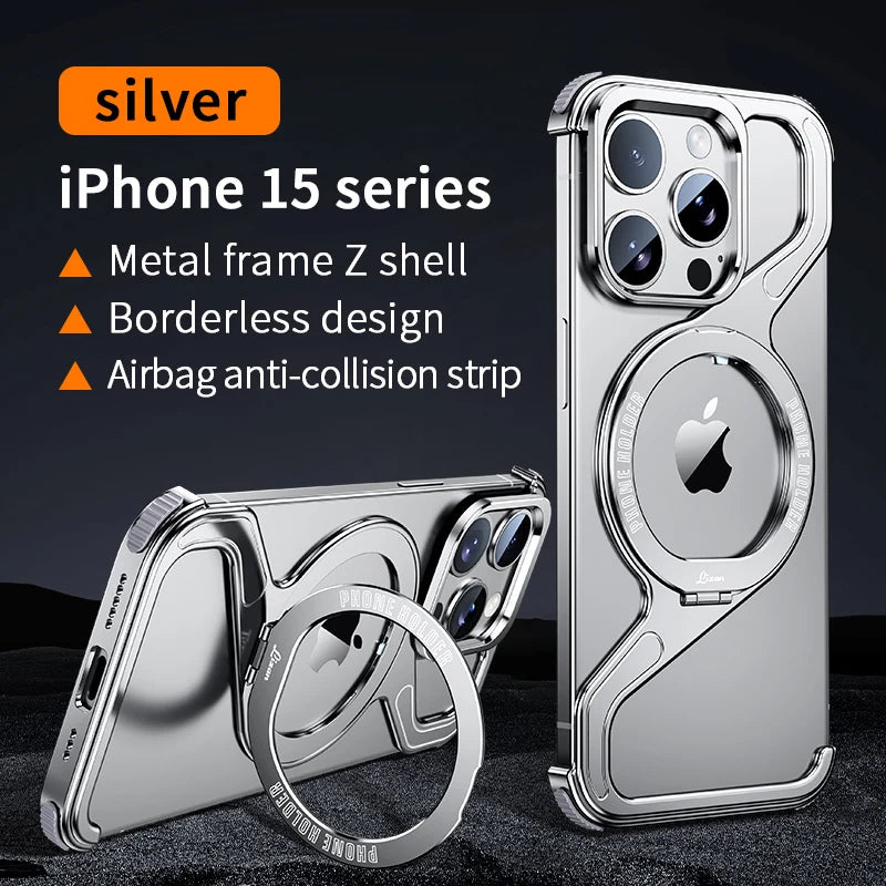 Z-Shaped Metal Frame Magsafe Phone Case For iPhone 17 16 15 14 13 Pro Max Aluminum Frameless Magnetic Bracket Shockproof Cover