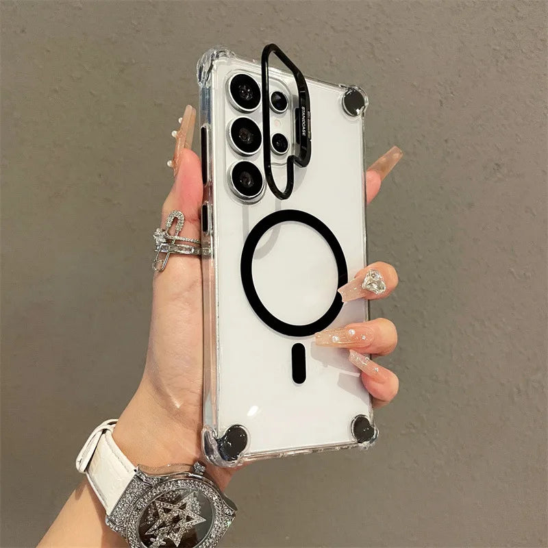 Alloy Camera Stand Case for Samsung Galaxy S26 S25 S24 S23 S22 Ultra Plus FE A56 A16 A26 A17 Cover Clear Magnetic Mag-safe Shell