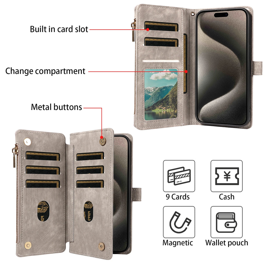 Zipper Magnetic Flip PU Leather Phone Case for IPhone 17Air 16e 15 14 13 12 11 Pro Max Anti-theft and Anti-fall Wallet Cover