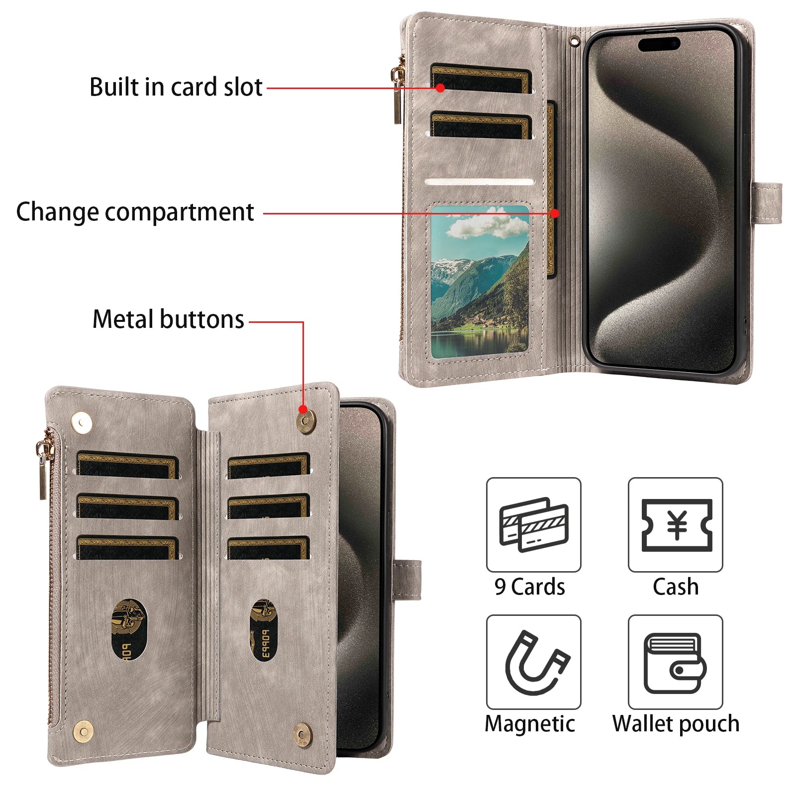 Zipper Magnetic Flip PU Leather Phone Case for IPhone 17Air 16e 15 14 13 12 11 Pro Max Anti-theft and Anti-fall Wallet Cover