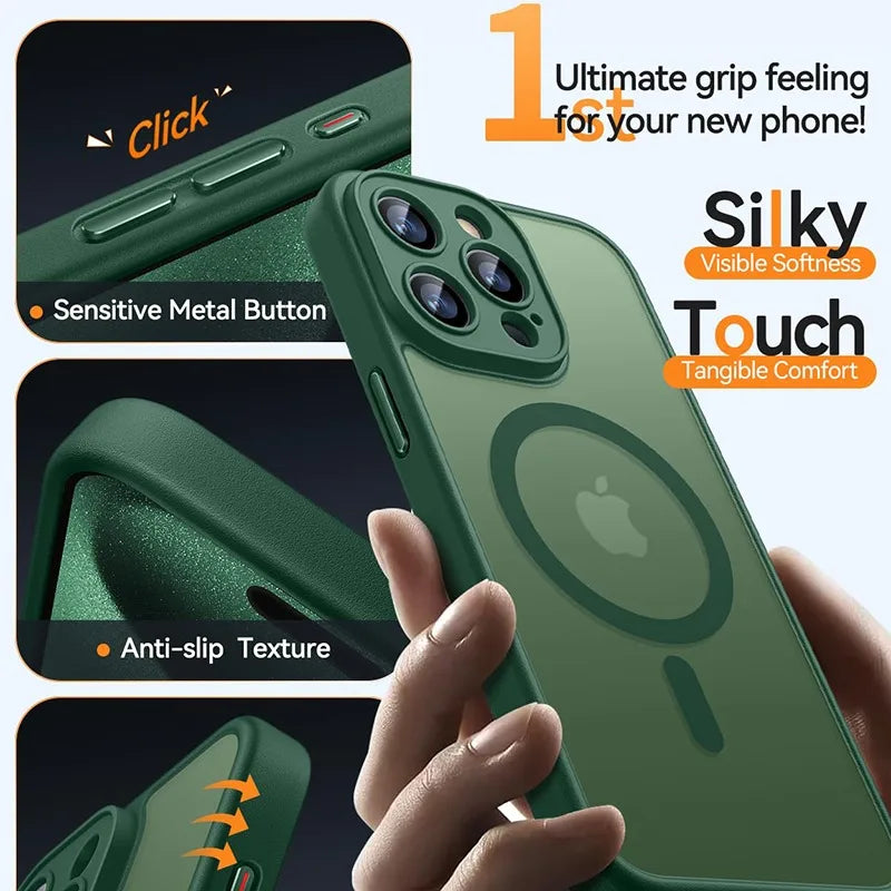 Luxury Frosted Phone Case For iPhone 11 12 13 14 15 16 17 Pro Max 16 15 Plus 17 Air For Magsafe Matte Transparent Magnetic Cover