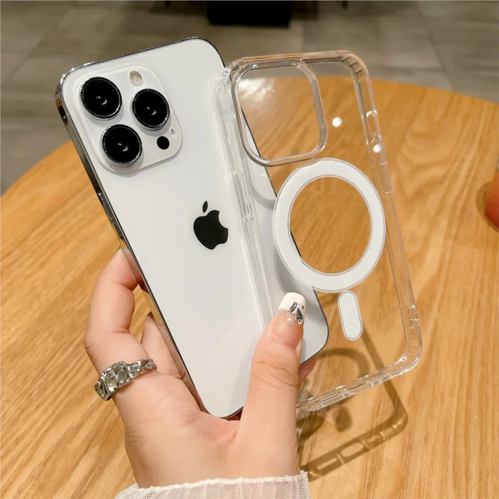 For Magsafe Magnetic Transparent Wireless Charge Case For iPhone 11 12 13 14 15 16 17 Air Pro Max Plus Mini Shockproof PC Cover