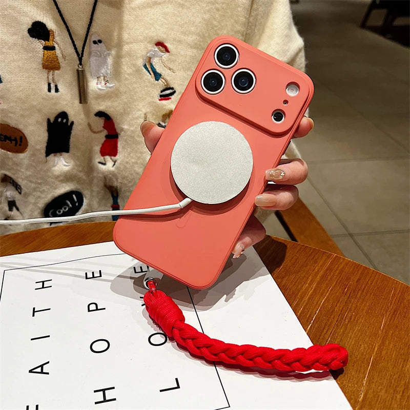 For Magsafe Liquid Silicone Magnetic Matte Case for iPhone 17 Air 16e 15 14 13 12 11 Pro Max Plus Wrist Strap Lanyard Soft Cover