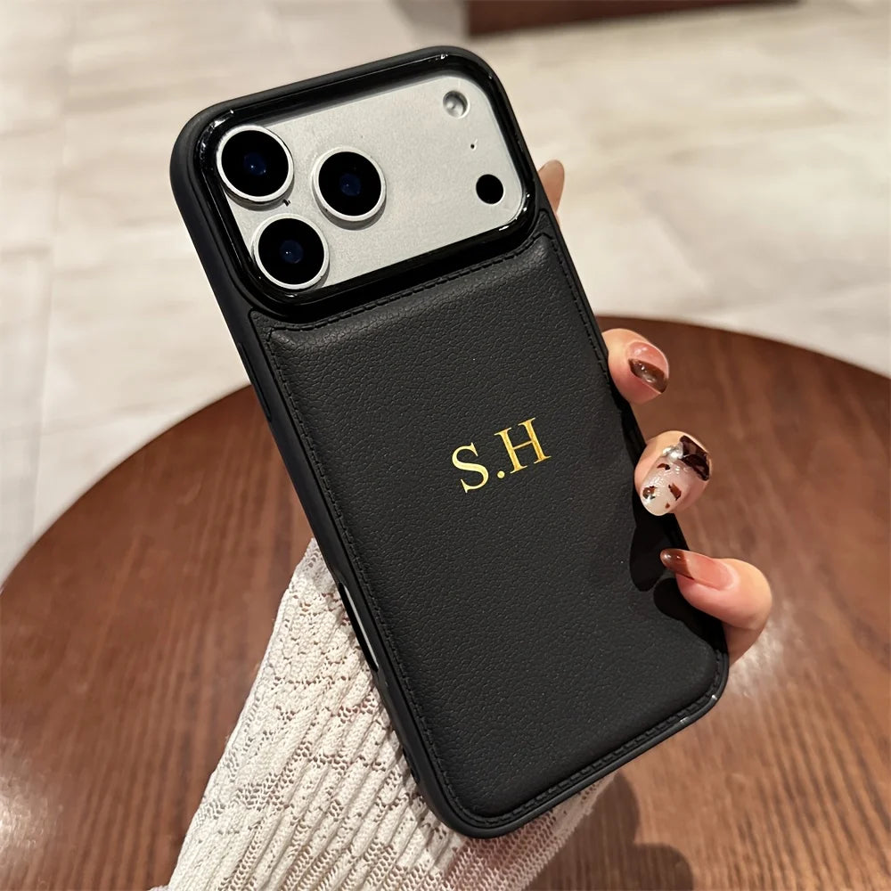 Custom Name Phone Case For iPhone 17 16 15 14 13 Pro Max 7 8 Plus 17Air X XS XR SE 16E Faux Leather Cover Couple Gift