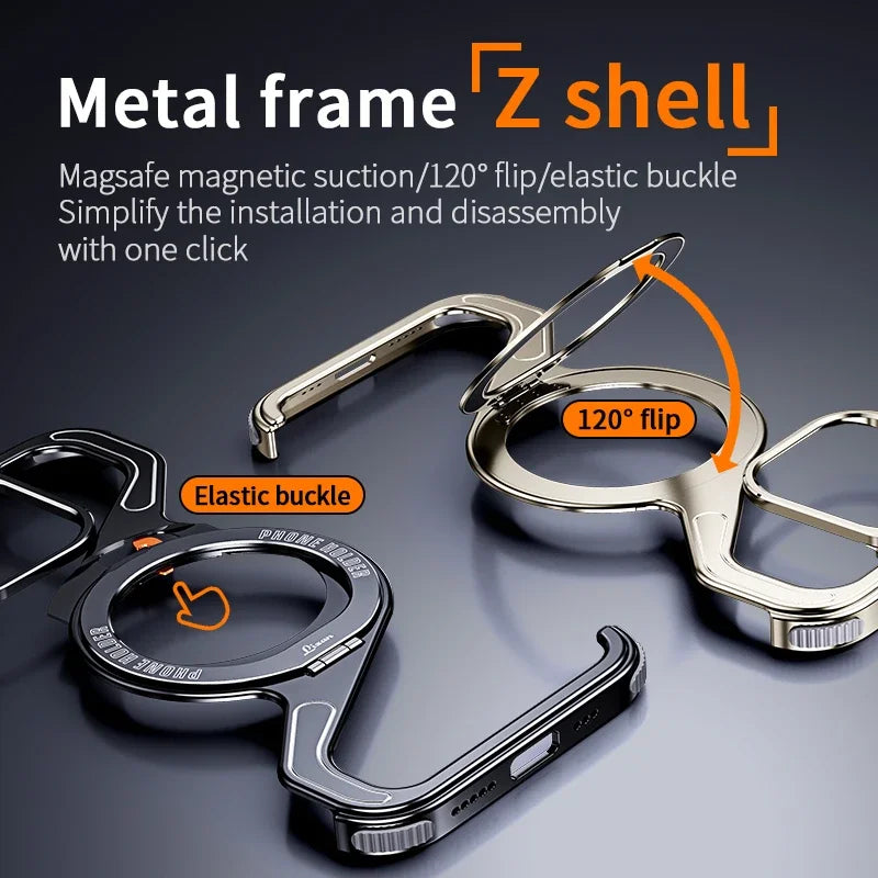 Z-shaped Frameless Magnetic Metal Snap on Phone Case, For iPhone 13 14 15 16 Pro Max Phone Protection Cover With Rotating Ring