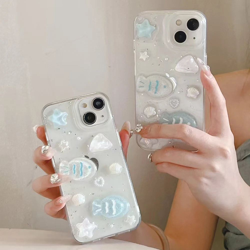 Cute 3D shell fish Phone Case For iPhone 17 16 15 14 13 12 11 Pro Max Silver foil Transparent Shockproof Soft Silicone Cover