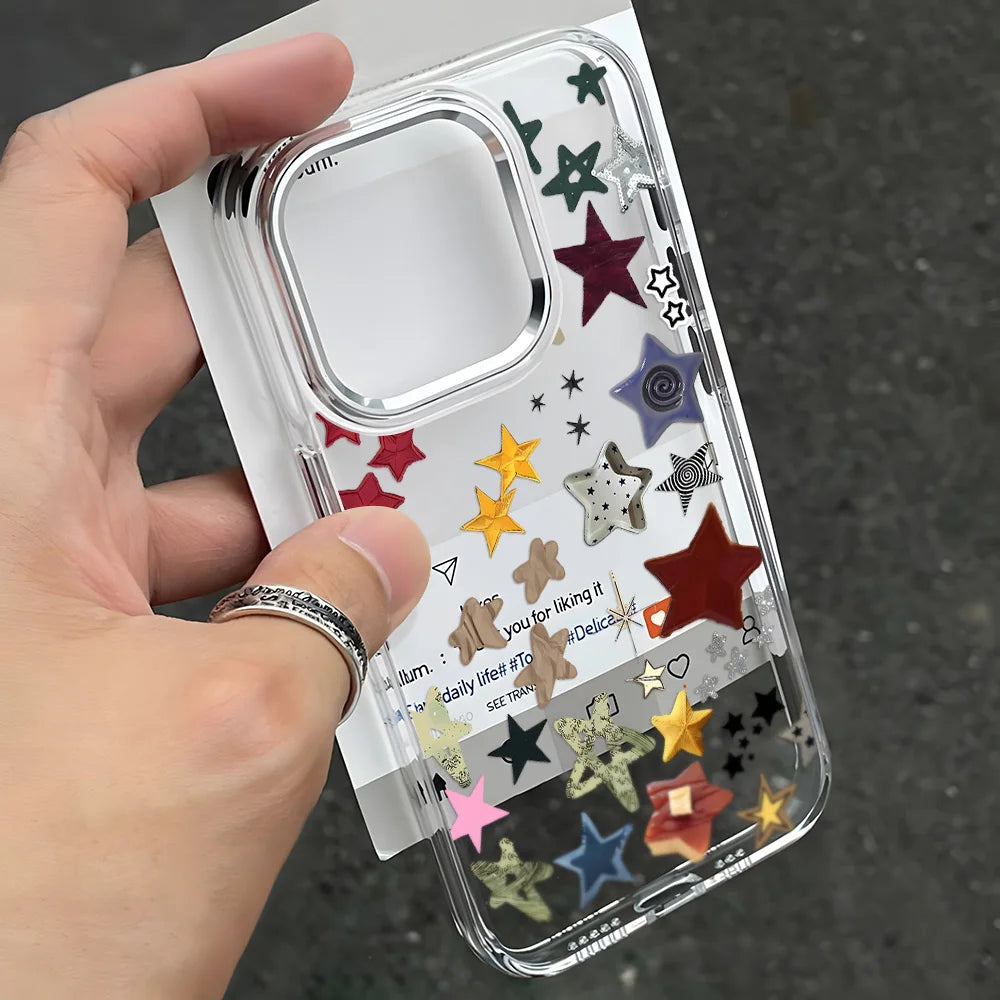 Korean Creative Threaded Star Silver Lens Frame Phone Case For iPhone 17 Pro Max Air 16 15 Pro Max 14 Pro13 12 11 Silicone Cover