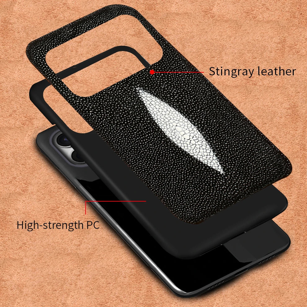 Genuine Stingray Leather Phone Case for iPhone 16 15 12 13 14 17 Pro Max Air Plus 17Pro 16Pro 11 Promax Luxury Shockproof Cover