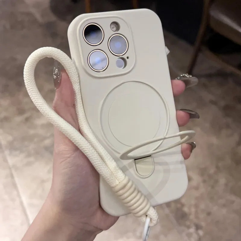 Original Liquid Silicone Soft Case for iPhone 16 15 14 Plus 13 12 11 Pro Max Metal Kickstand Holder For Magsafe Lanyard Cover