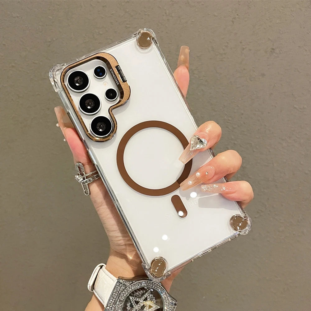 Military Armor Magnetic Clear Lens Stand Phone Case For Samsung Galaxy S24 S23 S25 Ultra For Magsafe Wireless Charge Back Cover