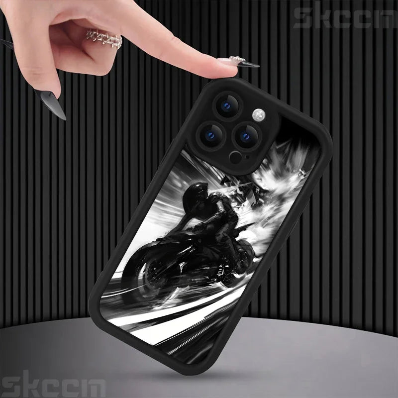 Fashion Black Biker Motorcycle Phone Case For iPhone 16 Pro Max 15 14 13 12 11 7 8 Plus X XS XR Shockproof Silicone Soft Cover