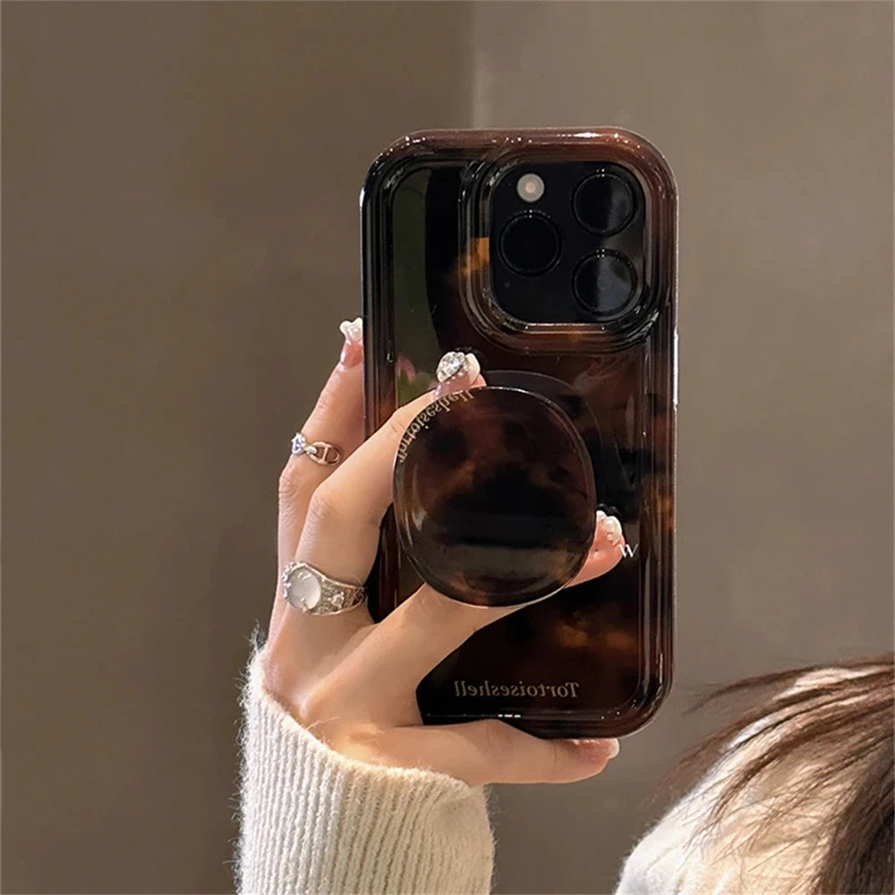 Luxury Amber Tortoiseshell Holder Case For iphone 17 16 Pro 15 14 11 12 13 Pro Max INS Korea Girl Soft Cover Stylish Shell