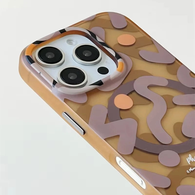 For MagSafe Geometric Graffiti Phone Case for iPhone 17 16 15 14 13 Pro Max Air Magnetic Wireless Charging Hard Shockproof Cover