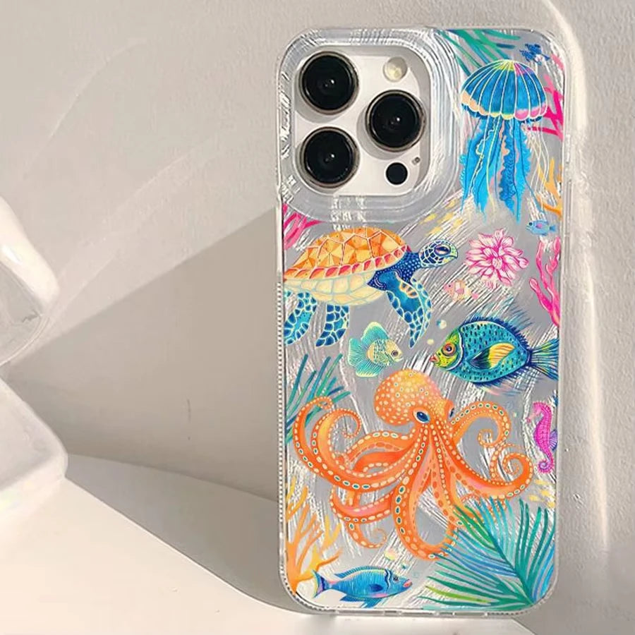 Marine Animals Illustration Phone Case for iPhone 11 13 14 15 16 17 Pro Max 7 8 14 15 Plus X XS XR 16e Air Feather Texture Cover