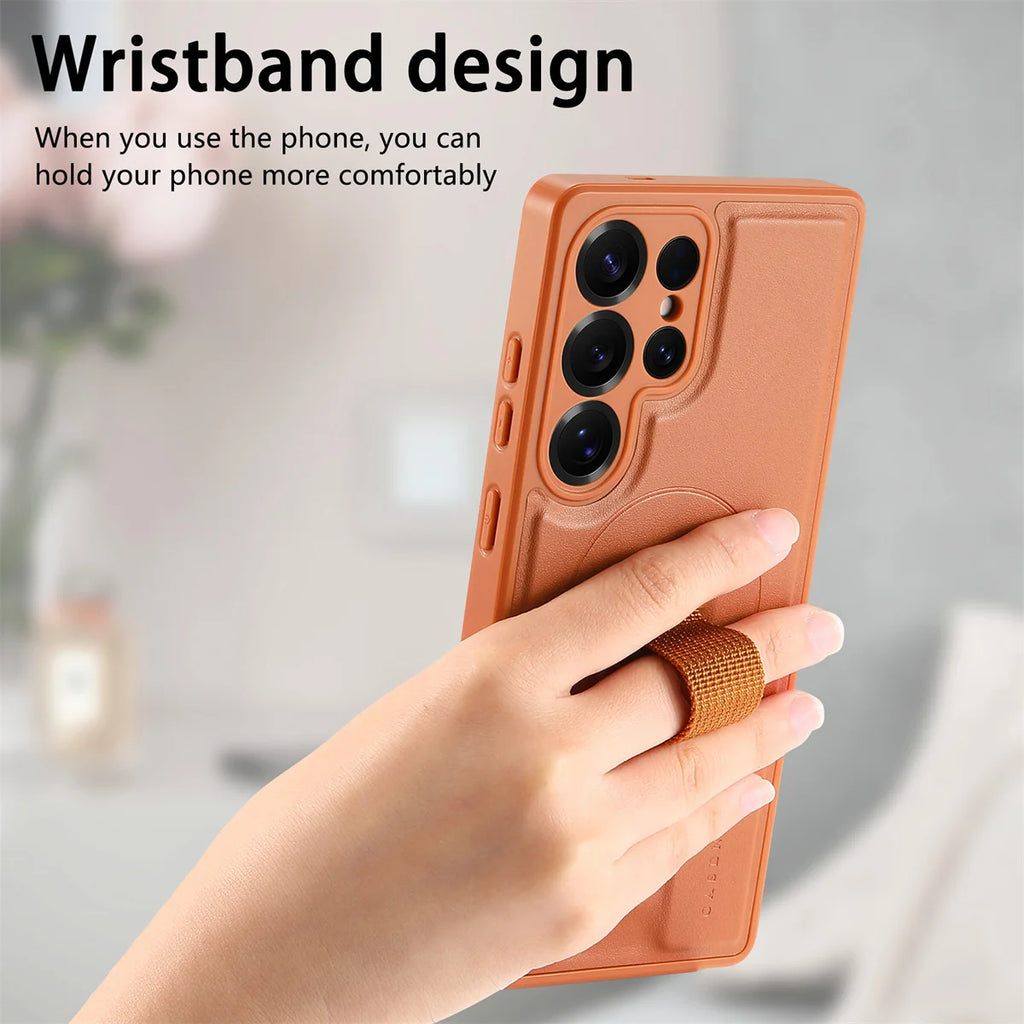 For Magsafe Magnetic Wrist Strap Phone Case for Samsung Galaxy S25 Edge S25 Ultra S26 Plus Leather ShockProof Protective Cover