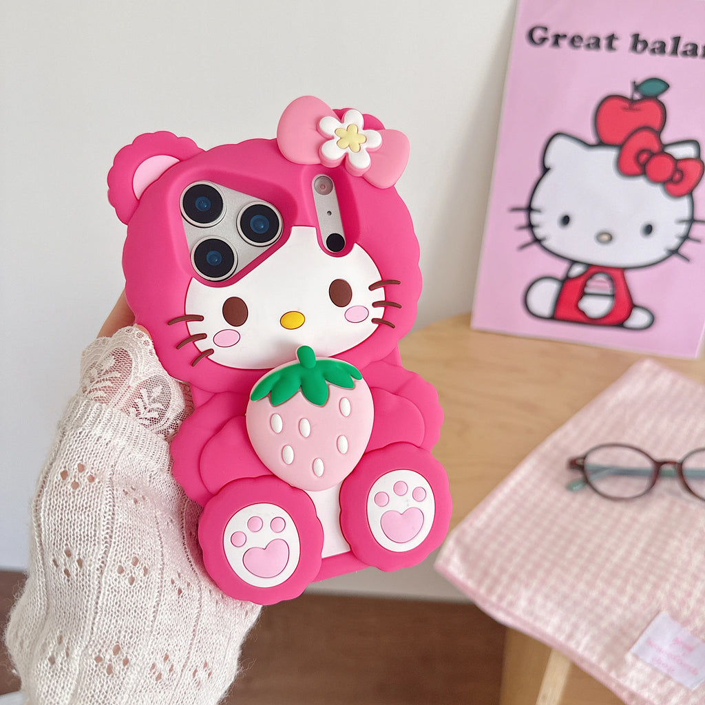 Cute Strawberry For Hello Kitty Phone Case For iPhone 17 16 15 14 13 12 Pro Max Plus Soft Silicone Shockproof Anti Drop Cover