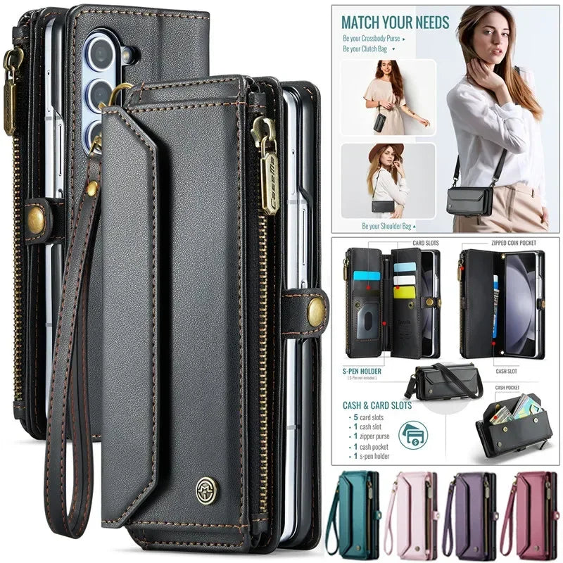 CaseMe Flip Leather Phone Case for Samsung Galaxy Z Fold 7 6 5 4 S26 Ultra S25 FE S24 Plus S23 S22 S21 Zipper Wallet Cards Cover