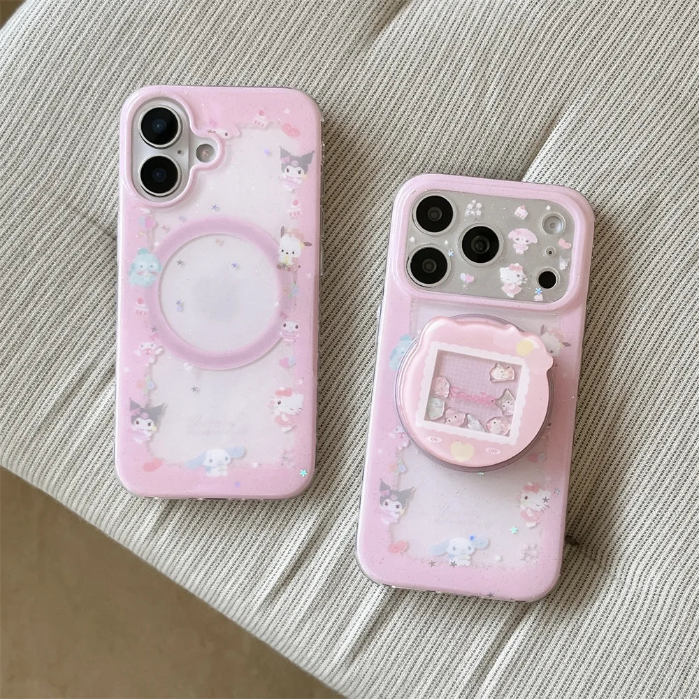 Kawaii Kuromi HelloKitty Magnetic Phone Case With Magsafe Shake Cartoon Stand  for iPhone 17 Pro 16 15 16 Max 15 Pro Max Cover
