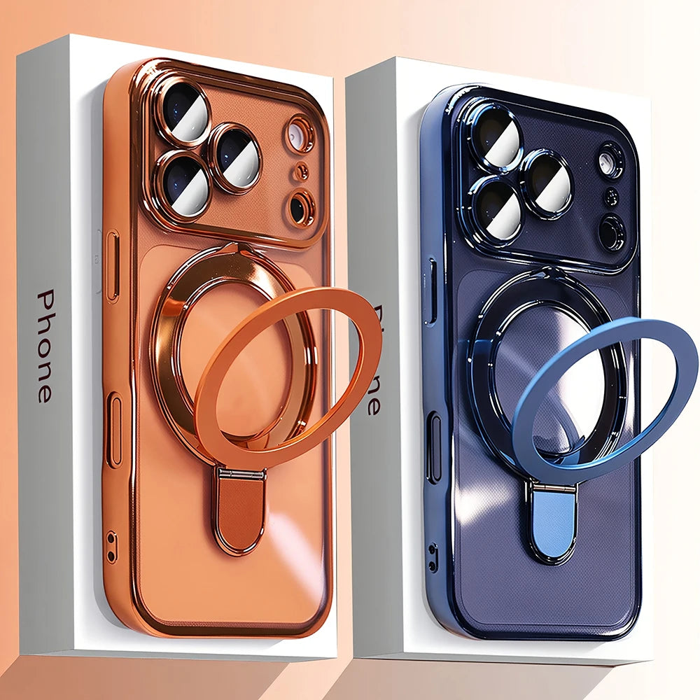 Luxury Plating Magnetic Bracket Phone Case For iPhone 17 16 15 14 13 Pro Max 17Pro Cases For Magsafe Stand Holder Clear Cover