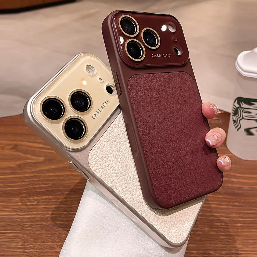 Luxury Litchi Leather Case for iPhone 17 16 15 14 Pro Max iPhone 13 Glass Large Window Shockproof Armor Bumper Plating Cover