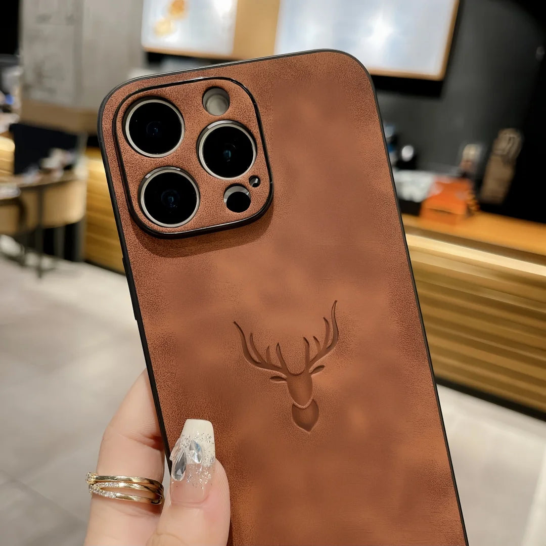 Retro Deer Pattern Leather Matte Shockproof Case For iPhone 16E 15 14 Plus 11 12 13 16 Pro Max XS XR Suede Bumper Silicone Cover