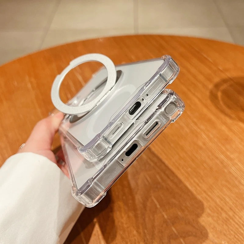 For Samsung Galaxy S26 S25 S24 FE S23 S22 Ultra Plus 360 Rotating Bracket Magnetic Case for A35 A55 A56 Transparent Airbag Cover