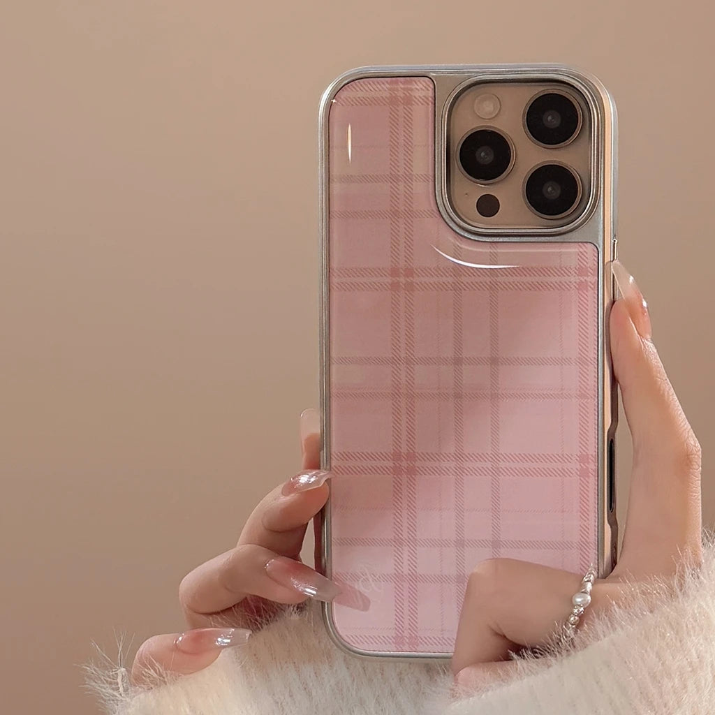 Sweet Pink Grid Pattern Drop Glue Cover Case for iPhone 16 15 14 13 12 11 Pro Max Plus Shockproof Protective Phone Case