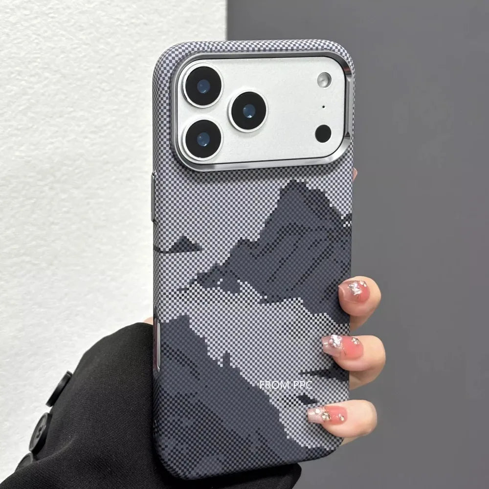 Snow Mountain Magnetic Case for iPhone 17 Pro Max Carbon Fiber Hard PC Magnets in Back Cover Camera Metal Lens Protection Shell