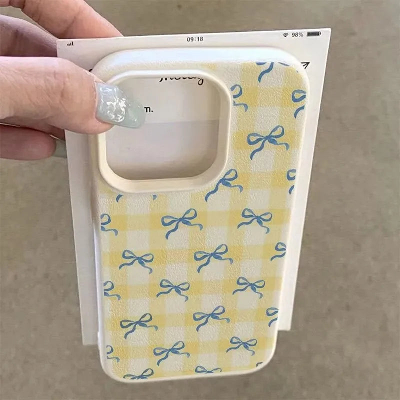 Korean Yellow Plaid Blue Bowknot Phone Case For iPhone 17 16 15 Pro Max 14 13 12 11 Leather Texture Shockproof Cute Girly Coque