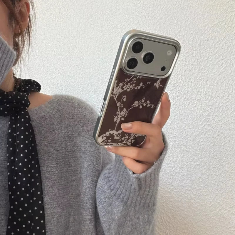 White Flowers Birds Pattern Electroplated Drip Glue Phone Case For iPhone 17 Air 16 ProMax 15 14 Plus 13 12 Pro 11 Back Cover