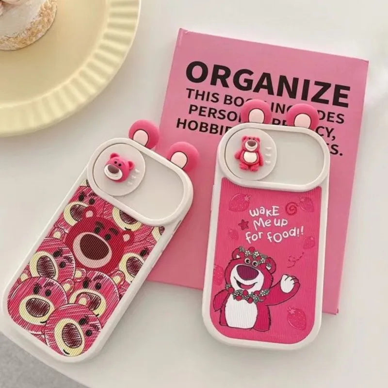 Disney Kawaii 3D Lotso Bear Slide Lens Cover Phone Case for iPhone 11 12 13 14 15 16 Pro Max Cute Pink Cover